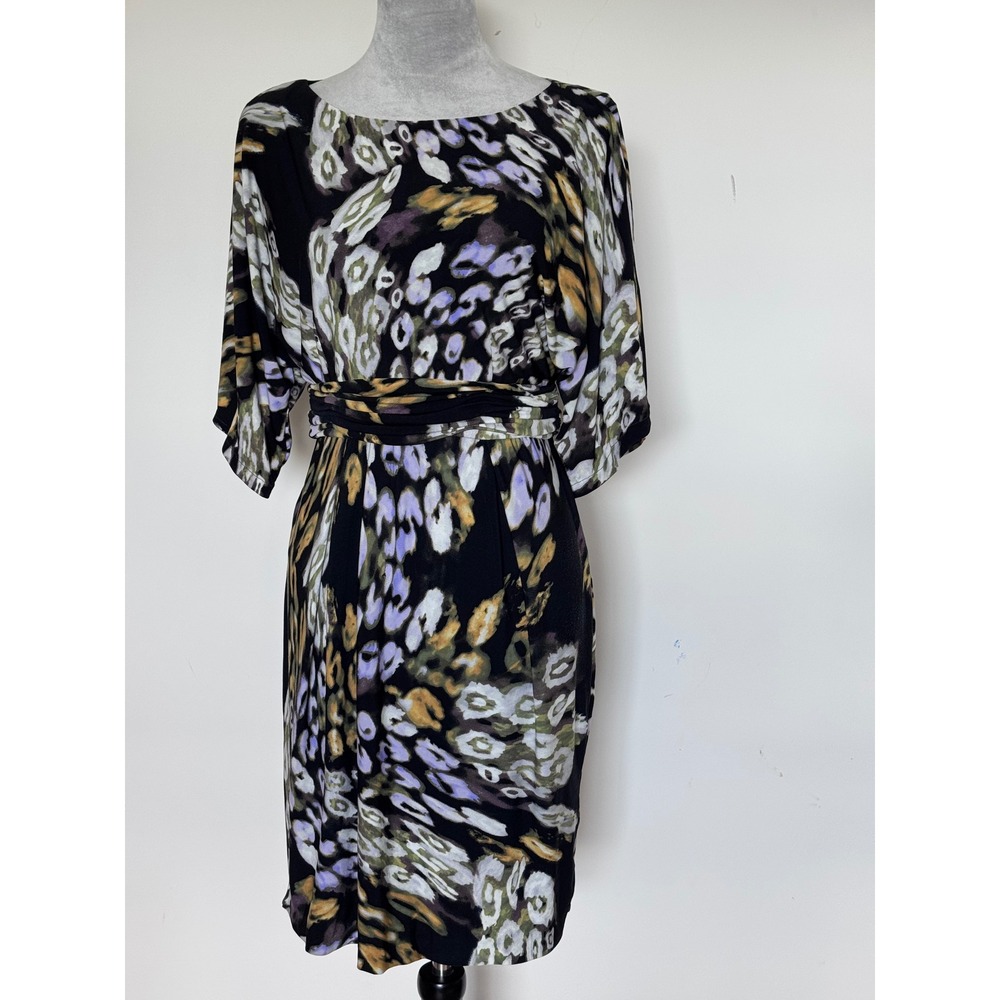 Taylor Womens Size 8 Abstract Animal Print Sheath Dress Purple Gold Black Kimono